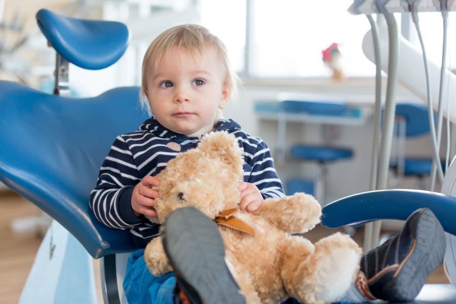 Toddler boy and his teddy bear in the dental chair for his first examination.