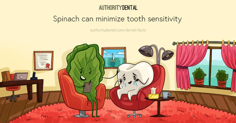 Cartoon showing a tooth in a chair talking to a spinach leaf and a sign saying that spinach helps with tooth sensitivity.