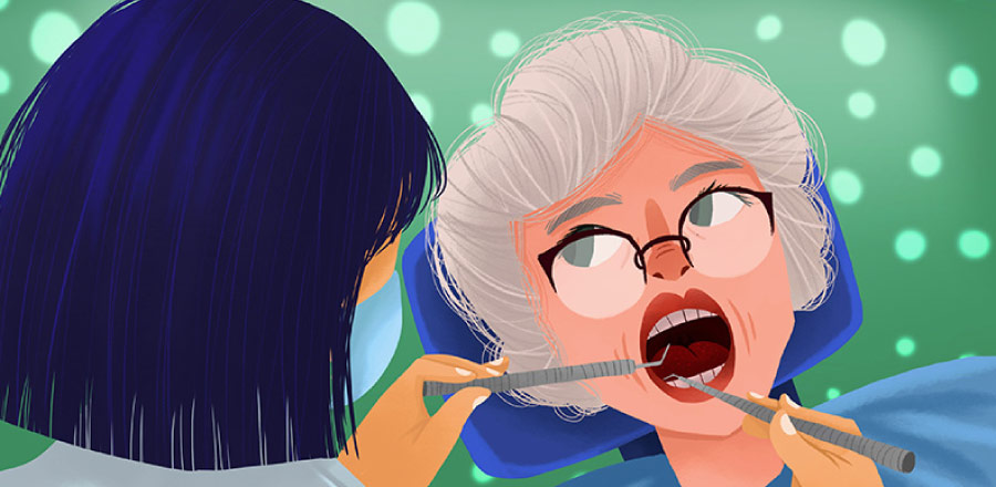 Cartoon of an elderly woman in the dental chair for a hygiene cleaning and exam.