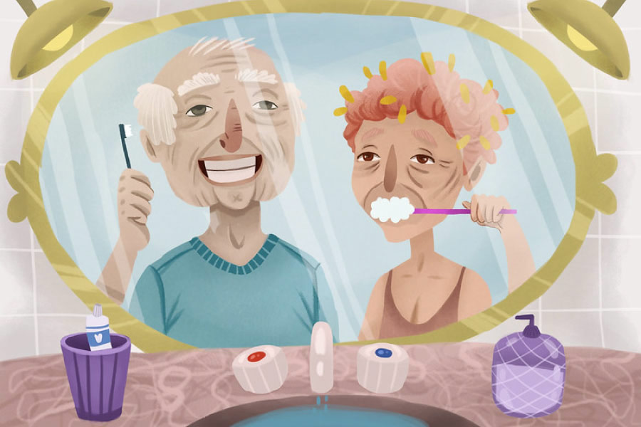 Cartoon of an elderly couple brushing to avoid gum disease.