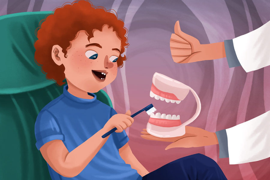 Cartoon of the dentist demonstrating proper brushing techniques to a child.