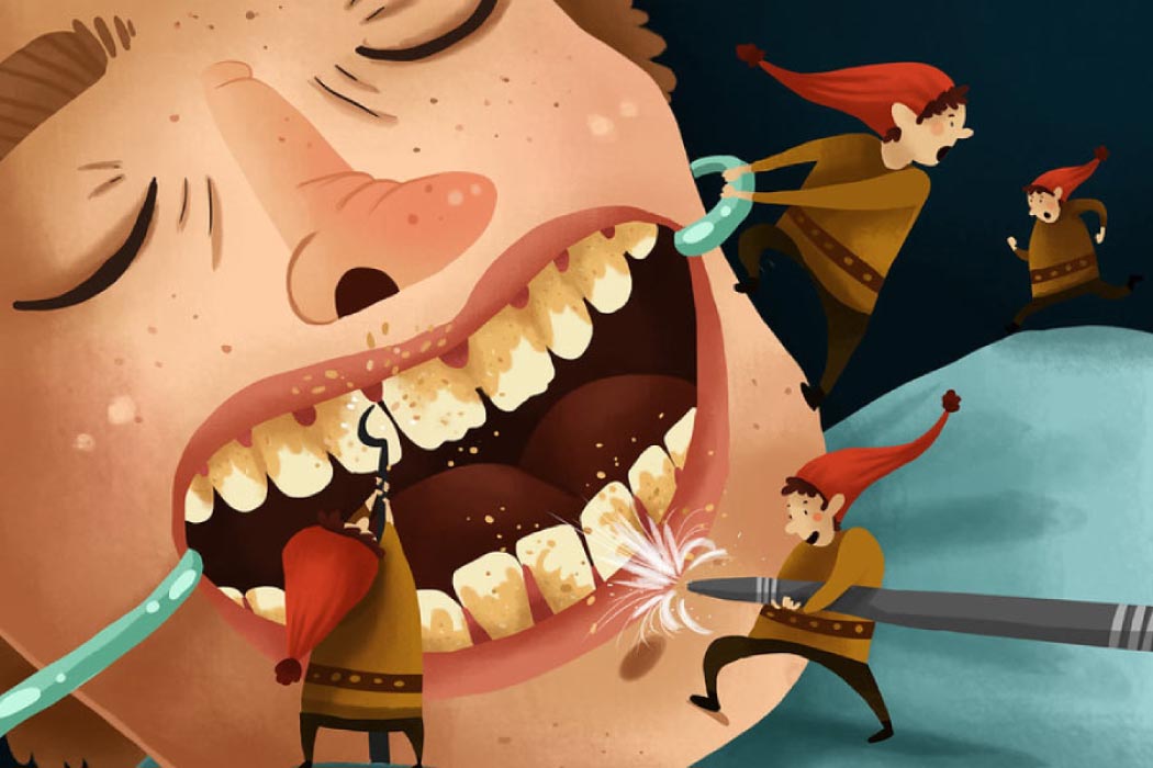 Cartoon showing a mouth getting a deep cleaning by a group of elves.