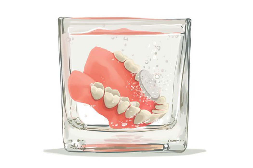 Photo of dentures in a glass for cleaning.