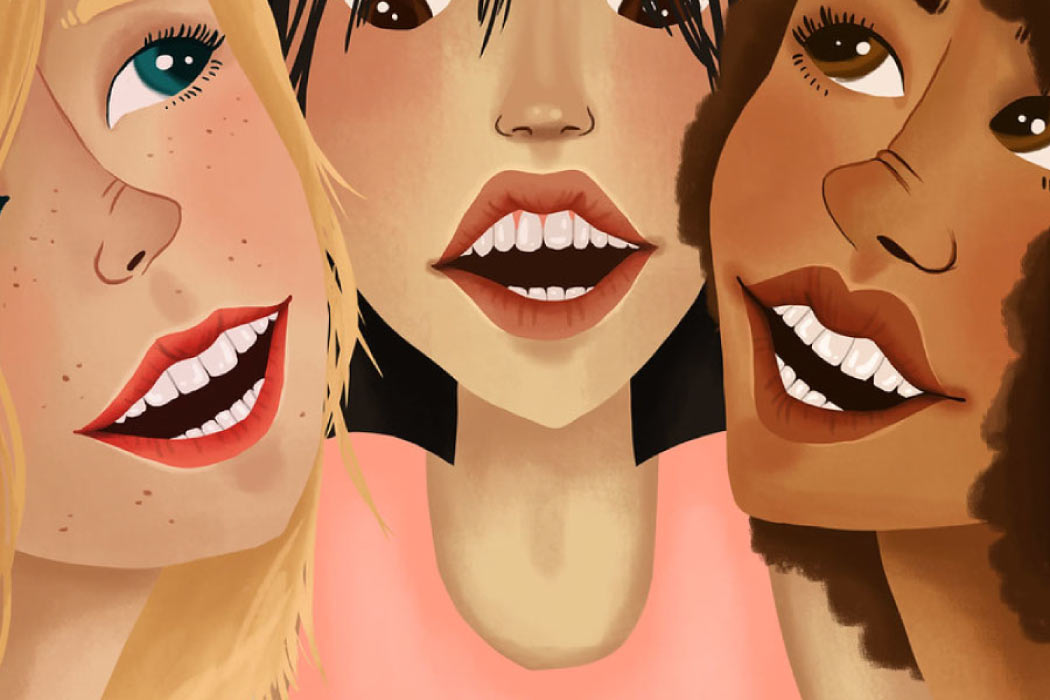 Cartoon of three smiling women with dental veneers.