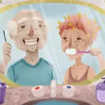 Cartoon of an elderly couple brushing their teeth in front of the mirror.