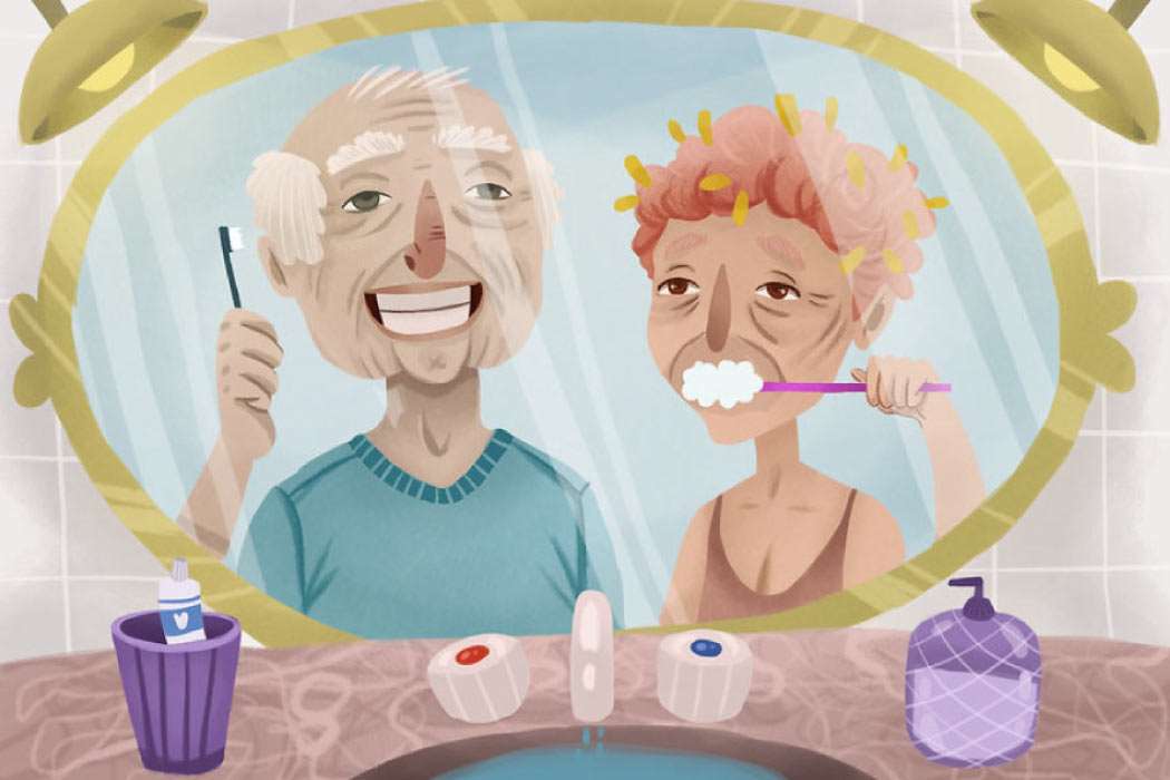 Cartoon of an elderly couple brushing their teeth in front of the mirror.