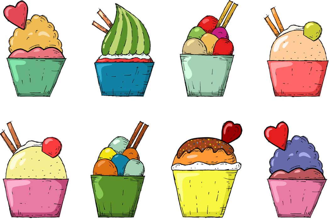 Graphic of sugary cupcakes & sweets.